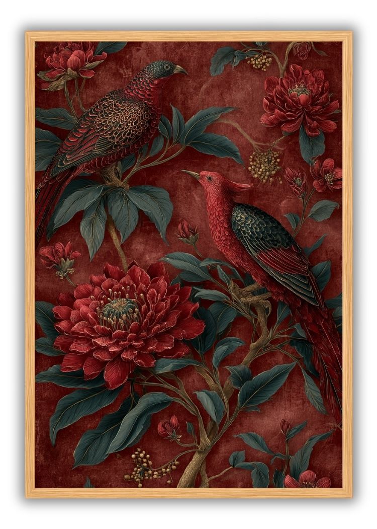 Red Peonies and Exotic Birds Vintage