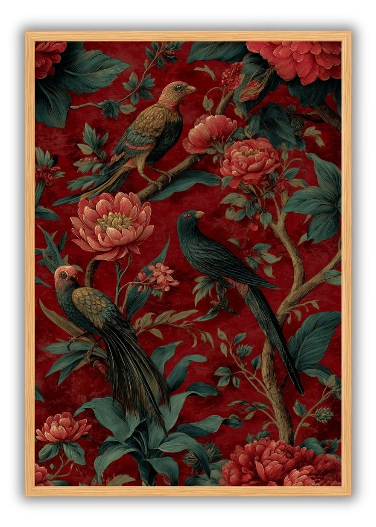 Crimson Garden Birds & Blossoms