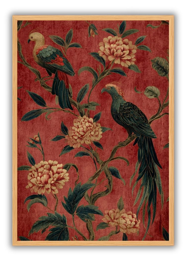 Peony Birds on Crimson Branches