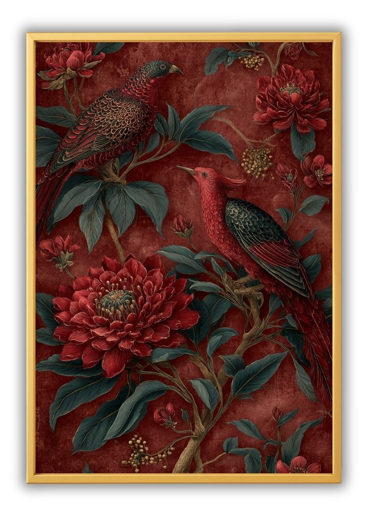 Red Peonies and Exotic Birds Vintage