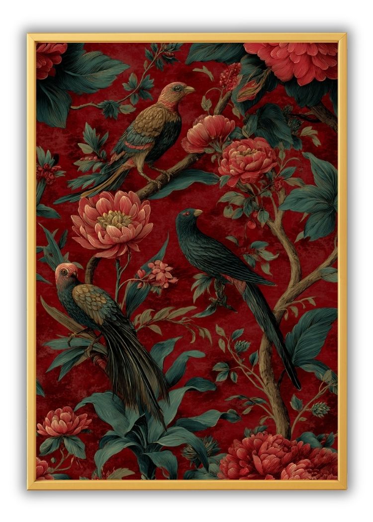Crimson Garden Birds & Blossoms