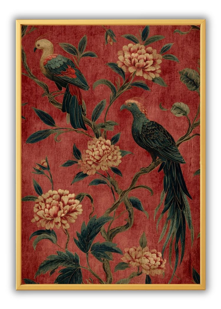 Peony Birds on Crimson Branches